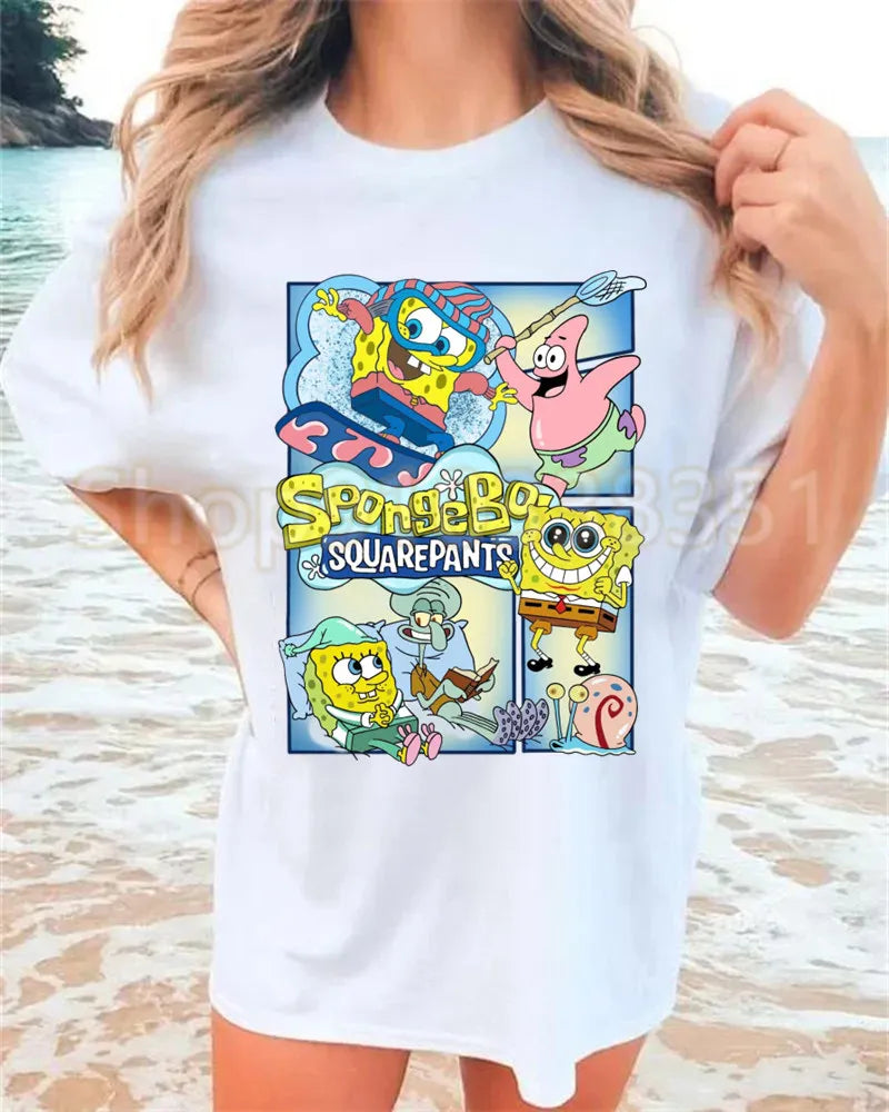 Camiseta blanca de Bob Esponja - Póster vintage azul