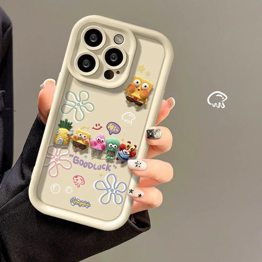 Coque de téléphone beige Bob l'Éponge : famille en relief 3D